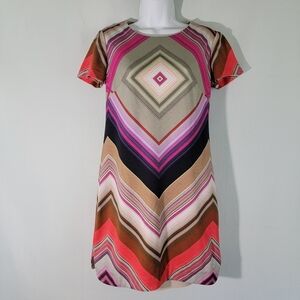 TRINA TURK Multicolored Mini Dress Sz 2 Geometric Short Sleeve Jersey Knit Lined